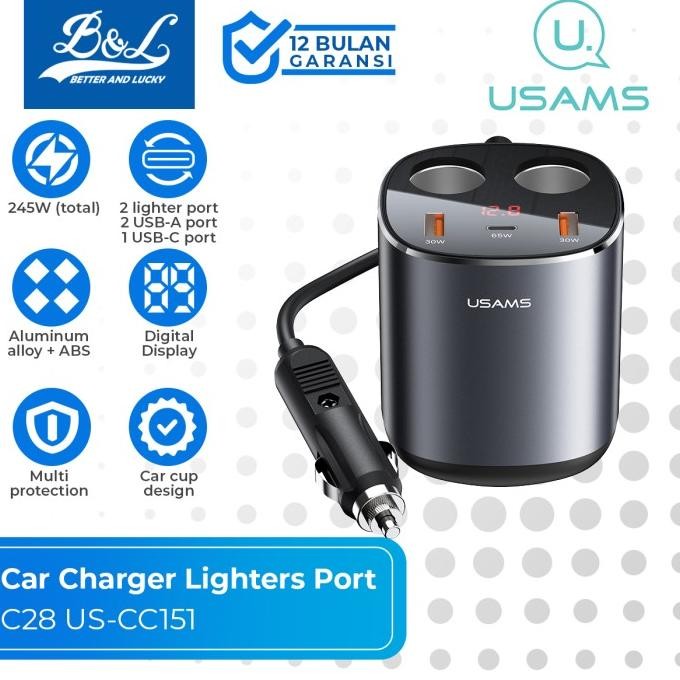 USAMS C28 Charger Mobil Fast Charging 125W + Dual Lighter Port 120W