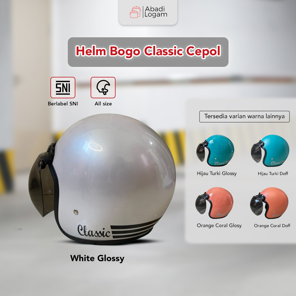 Helm Bogo Dewasa Classic Retro SNI Cepol Hijab Wanita Pria Mixed Color Warna Putih Hijau Coral Gloss