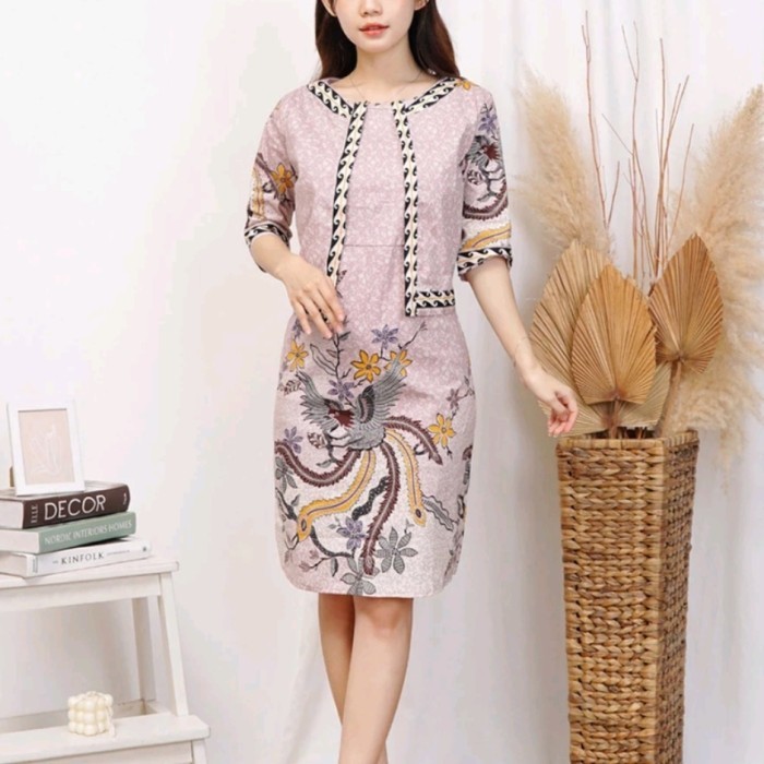 Lellay - Dress Midi Batik Baby Pink Soft Cheongsam Batik Floral Sakura Cve