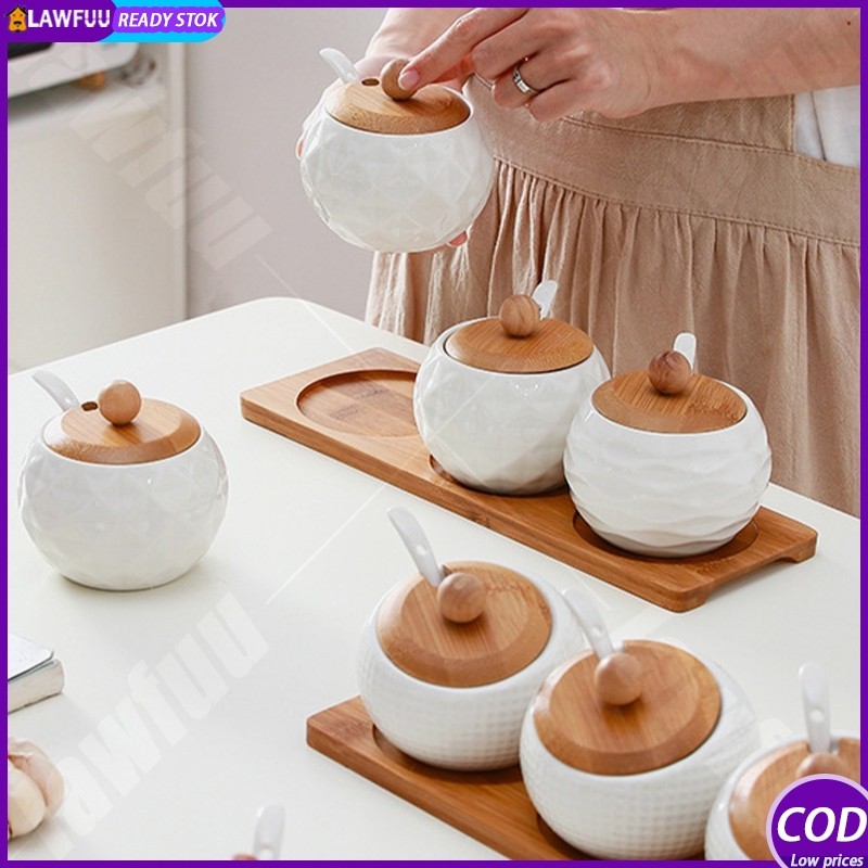 Kerak Toples Bumbu 3 Set Dan 1 Wadah Kayu Bumbu Dapur Unik Kombinasi