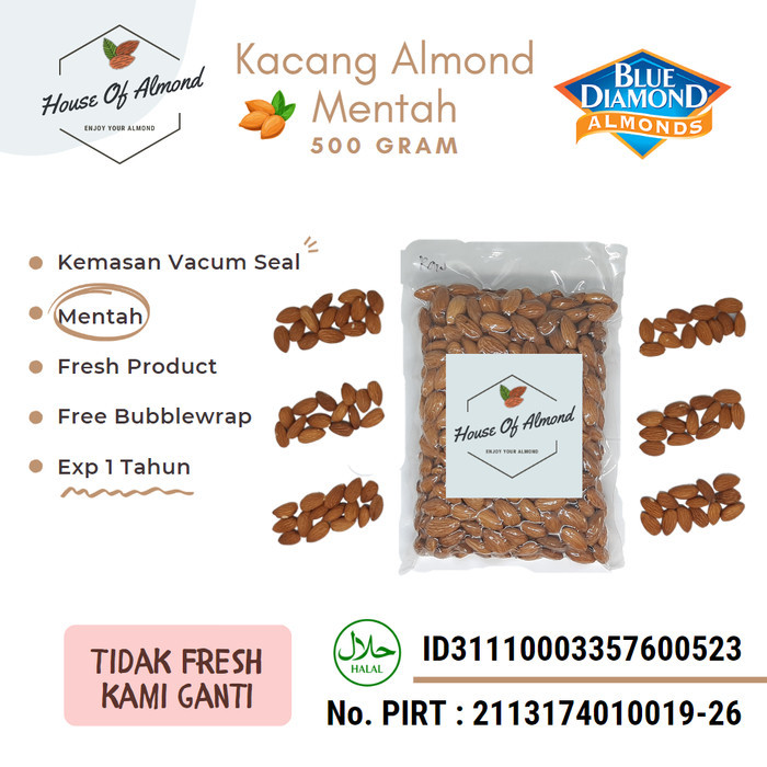 

Natural Whole Raw Almond (Mentah) kacang almond Blue Diamond 500gram