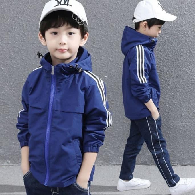 JAKET HOODIE PARASUT ANAK ADIDAS GARIS MERAH BIRU HITAM