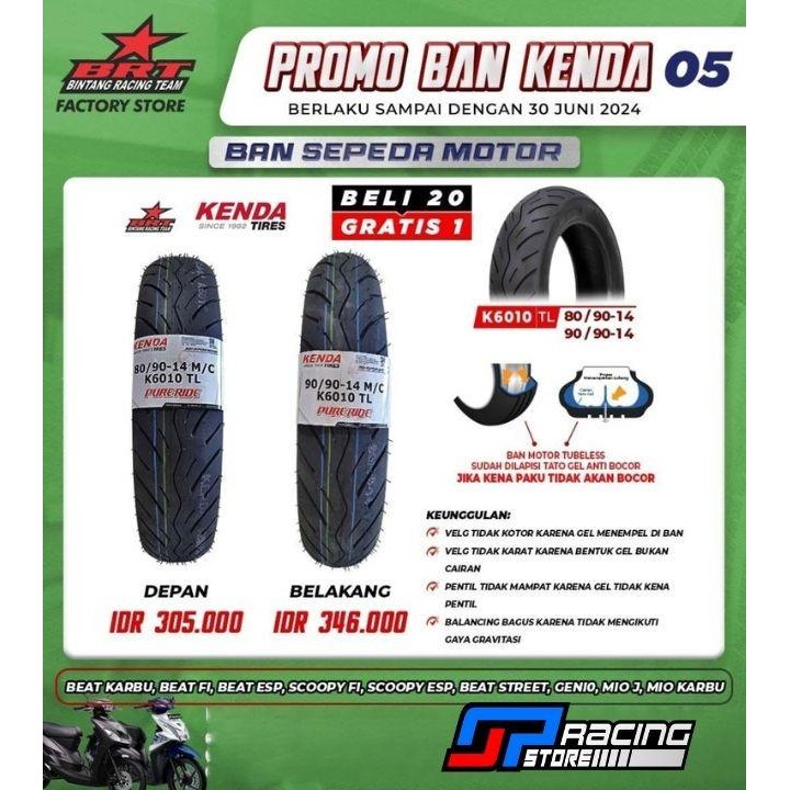 Ban Motor Kenda BRT Tubeless Honda Beat Karbu/Beat Fi Esp/Scoopy FiEsp original