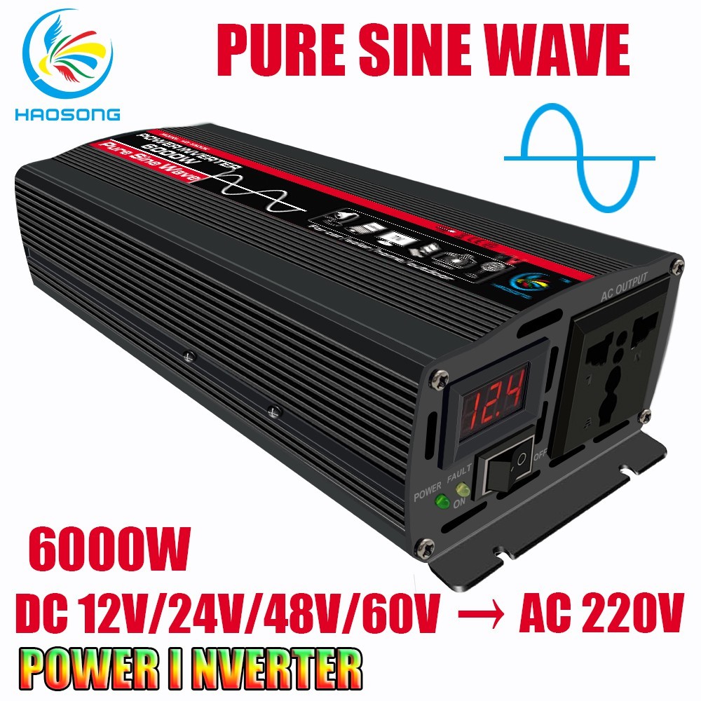 Inverter Daya Gelombang Sinus Murni 3000W/4000W/6000W/8000W DC 12V/24V/48V/60V Ke AC 220V untuk Tata