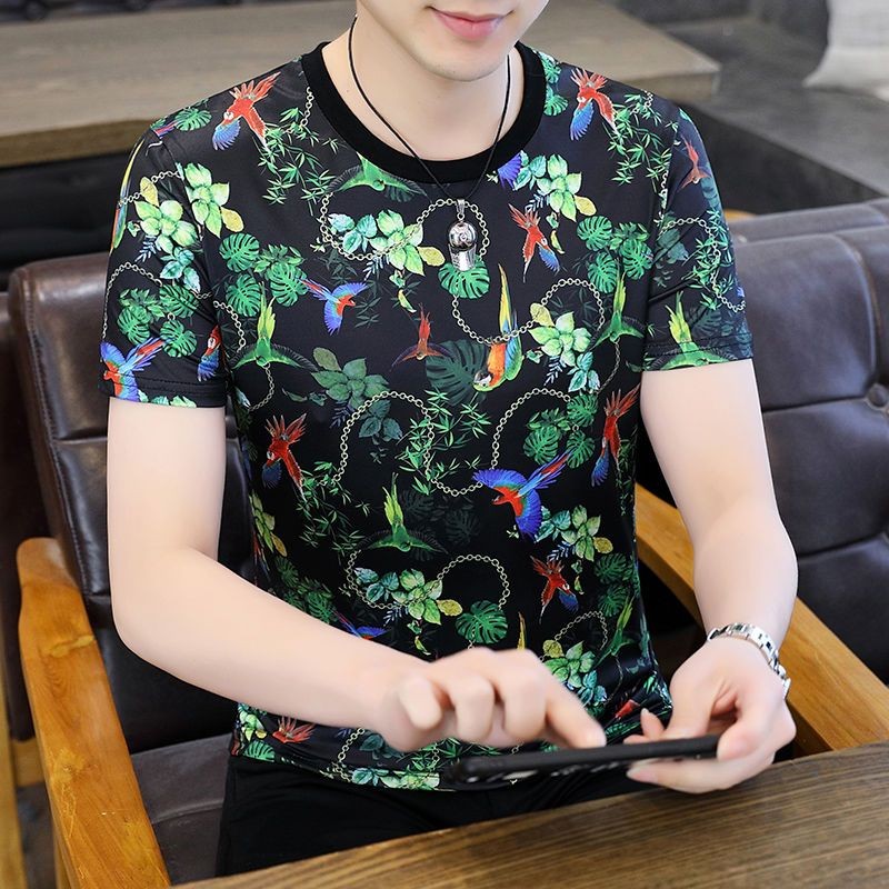 

Ice Silk Short Sleeve T-shirt Men's Trendy New Milk Silk T-shirt round Neck Printed Breathable T-shirt plus Size Half Sleeve