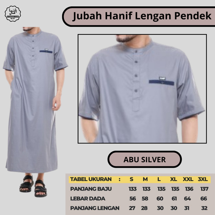 Jubah Pria Jubah Gamis Pria Lengan Pendek Motif Kombinasi Hanif Spunpoly Premium - Abu Silver, S ter
