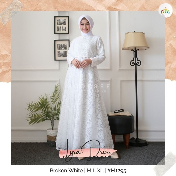 MURAH Modesee Gamis Putih Polos Brukat Mewah Aksen Payet Wanita Muslim Lyra - Brokenwhite, M