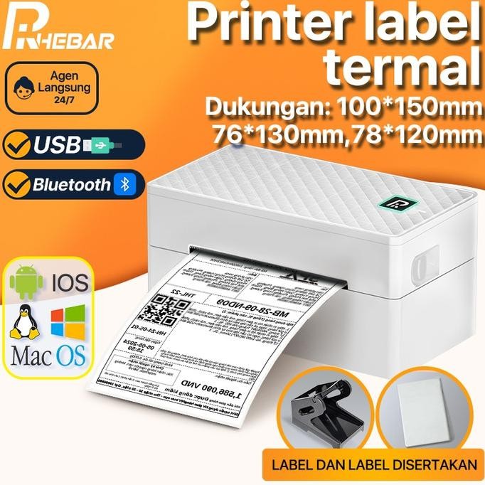 BEEPRT RHEBAR Printer Thermal, Printer Usb + Bluetooth Merk Rhebar, Printer Label Sticker Resi, Prin