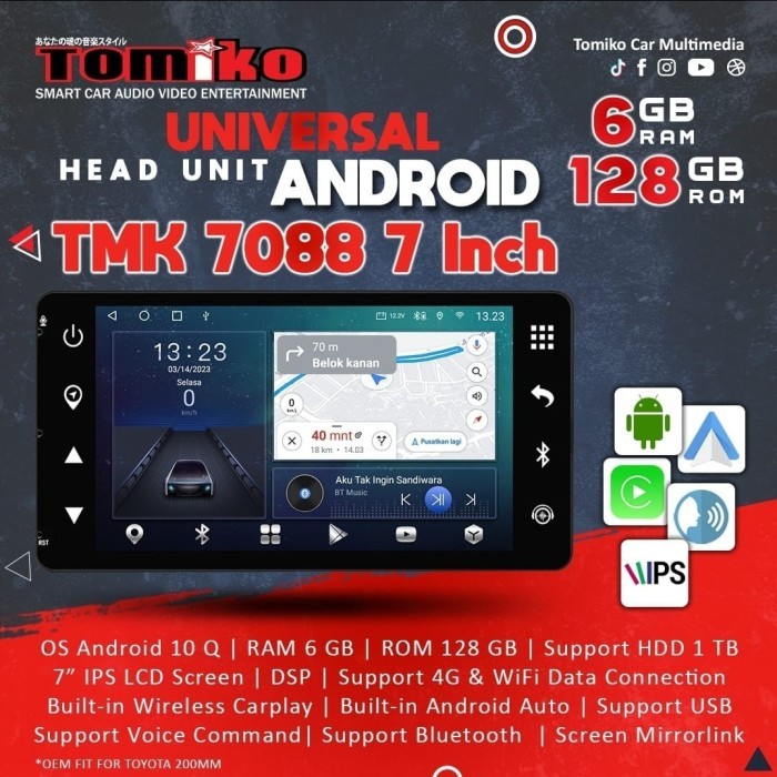 Tomiko TMK 7088 OEM Toyota 7 inch Ram 6 128 200mm Headunit Android Double din