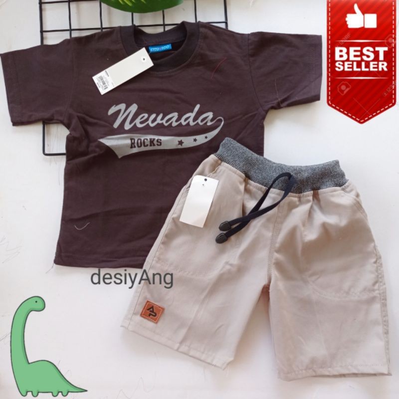 Setelan Baju Anak Lucu Setelan Anak LAKI LAKI size M (5-6 tahun) Kaos Nevada dan Celana Pendek