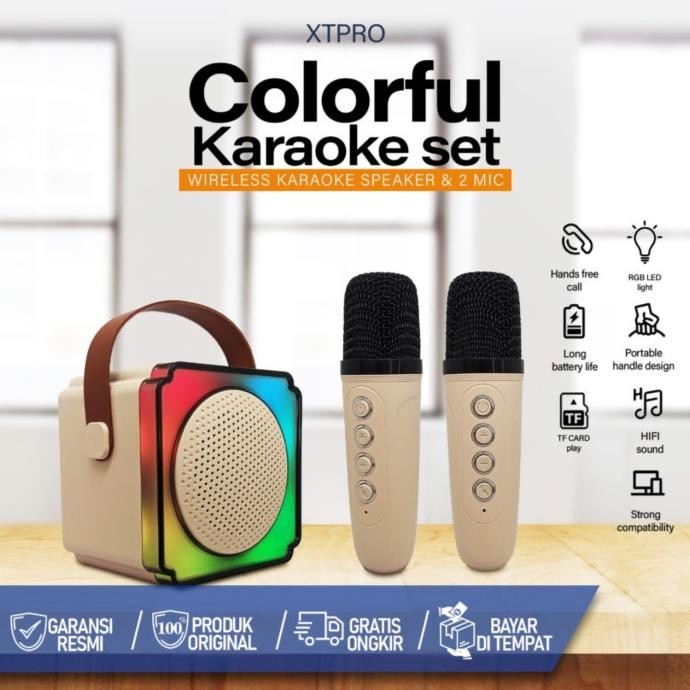 Speaker Bluetooth 2 Mic Led Colorful Karaoke Set Wireless Karaoke Speaker 2 Mic Led Terlaris