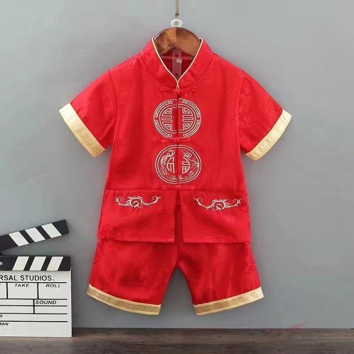 Boy Qibao Setelan 2Pcs Jibao Gold/Red Baju Imlek Anak Cowok Motif Naga