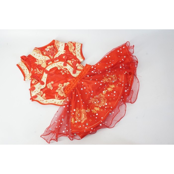 Setelan Baju Rok Anak Bayi Cheongsam Imlek Polkadot Satin Tile Merah