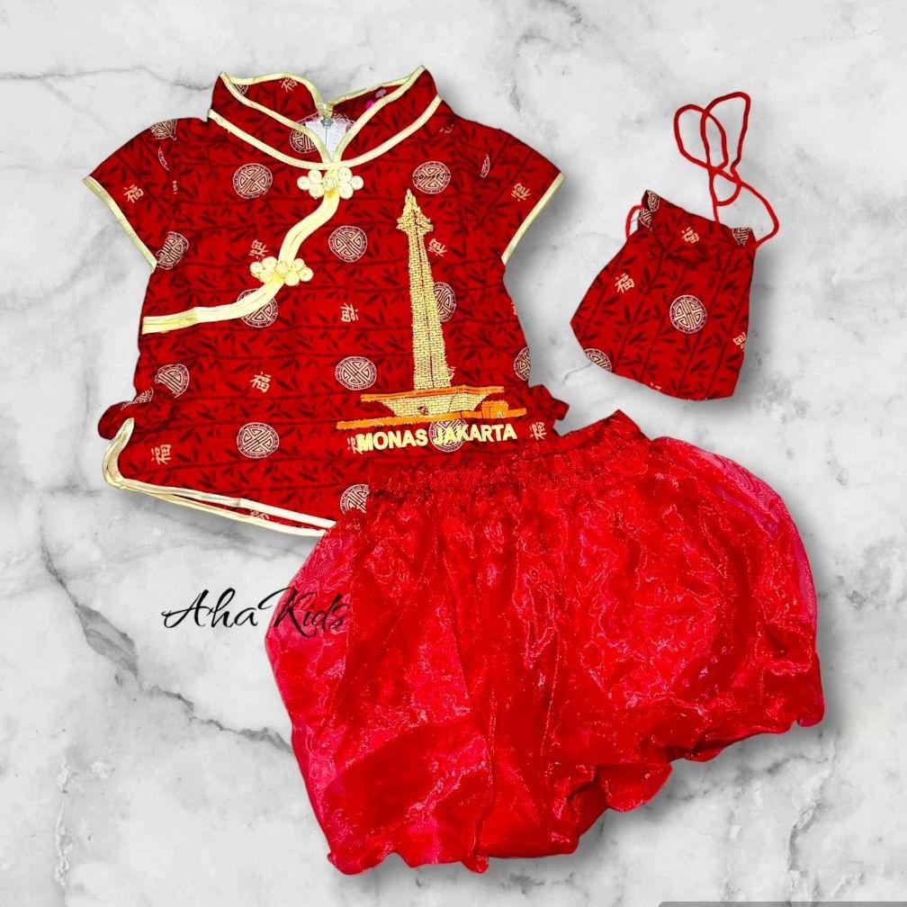 CR - SETELAN CINA ROK BALON ANAK PEREMPUAN MOTIF MONAS JAKARTA/BAJU CINA CHEONGSAM ANAK CEWEK MODEL 