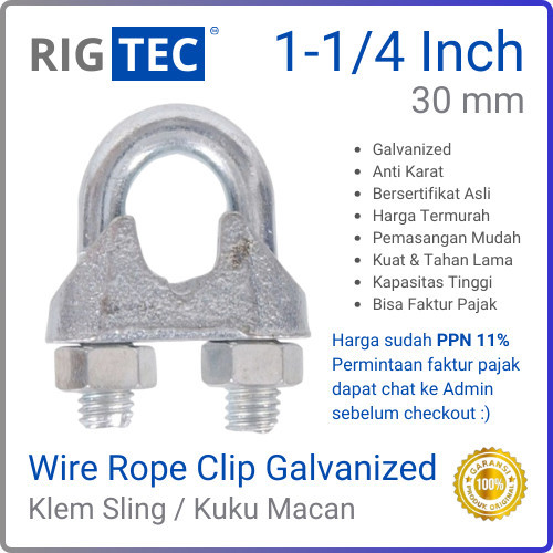 TERLARIS Wire Rope Clip / Klem Sling / Kuku Macan 1-1/4 Inch 30 mm Galvanized RIGTEC