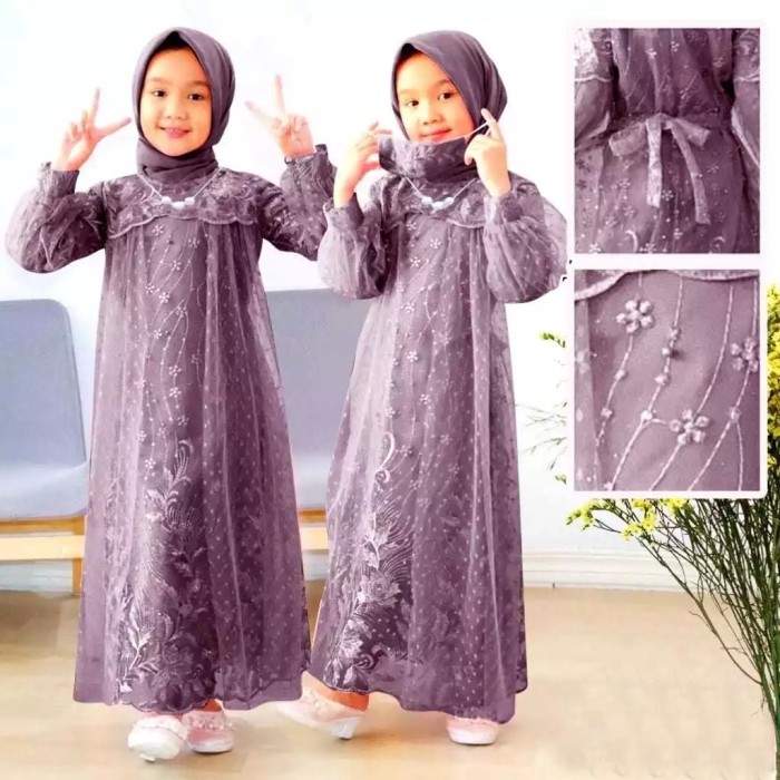 BOOM SALE Gamis anak eliana kids 3 - 16 thn brukat tile dot ungu lilac gelap PS