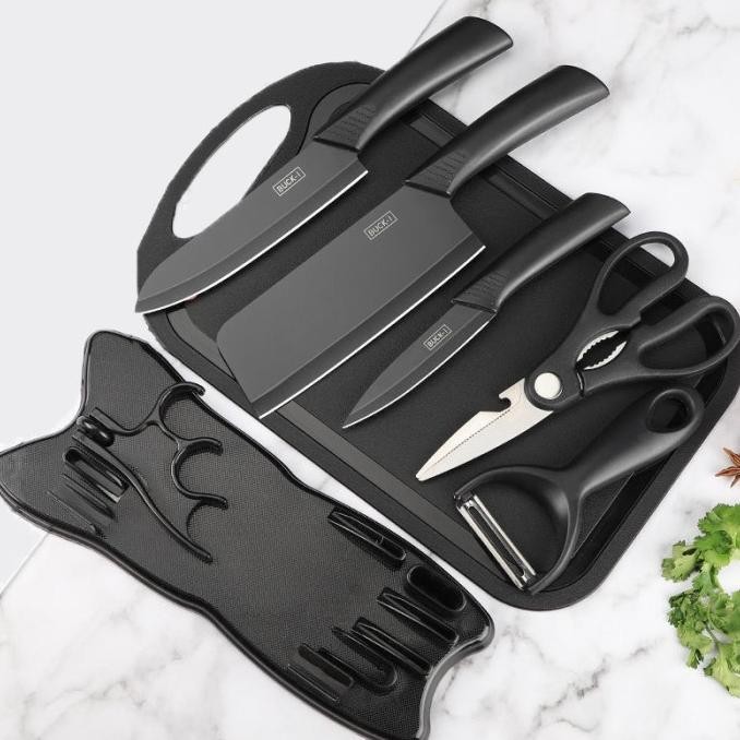 

Berkualitas Kitchen Knife Set Hitam Pisau Dapur 5 in 1 Free Talenan Multifungsi