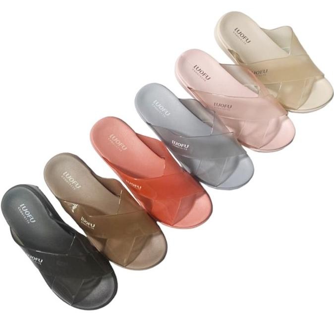 LUOFU SANDAL JELLY KARET WANITA KOKOP SILANG TRANSPARAN E7189T-BW