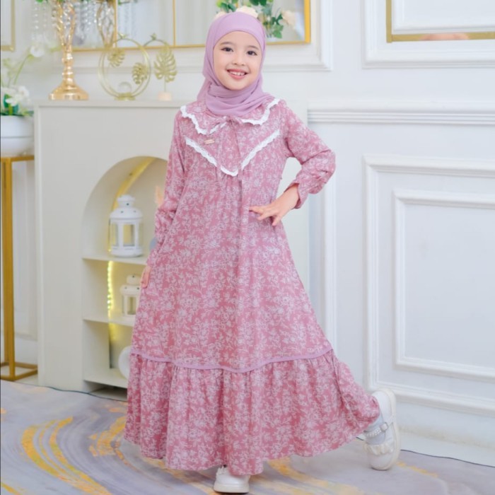 DISKON Gamis anak set Jilbab , pakaian muslim anak perempuan,kombinasi renda dada, bahan katun Rayon