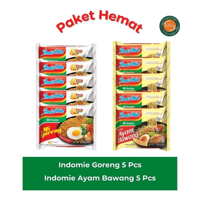 

PAKET HEMAT Mie Indomie Goreng 5 pcs + Indomie Kuah Ayam Bawang 5 pcs TERLENGKAP