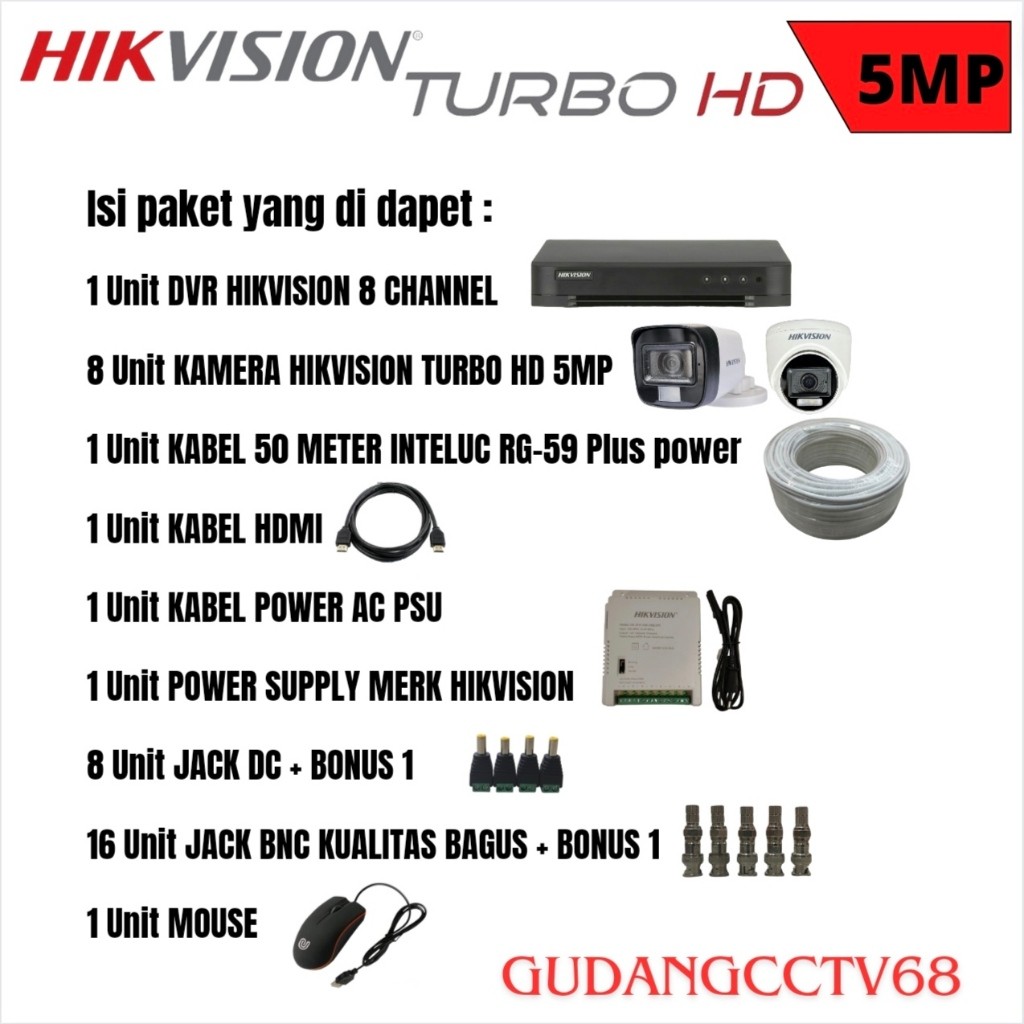 Paket CCTV Hikvision 8 Channel 8 Camera 5mp Turbo HD Audio Series - Camera CCTV - Camera Hikvision