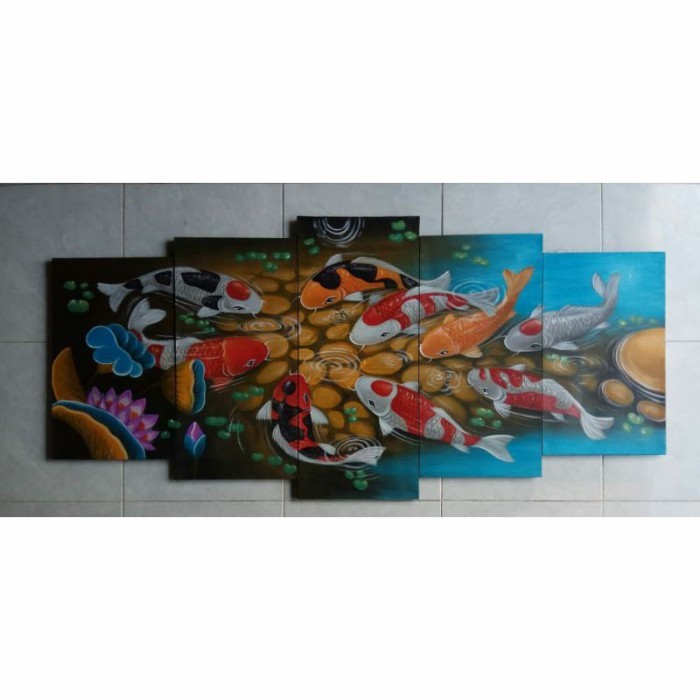 BERGARANSI LUKISAN TANGAN IKAN KOI 5 PANEL UKURAN BESAR JUMBO HIASAN DINDING Kode 15