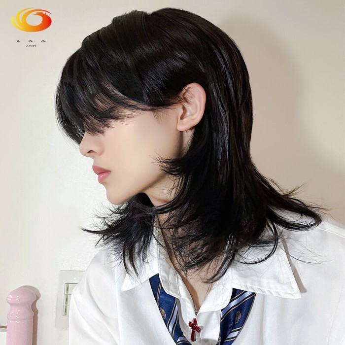 Pria rambut wig Rambut alami datang Serigala Ekor Wig Pria Versi Korea Tampan Samurai Jepang Kepala