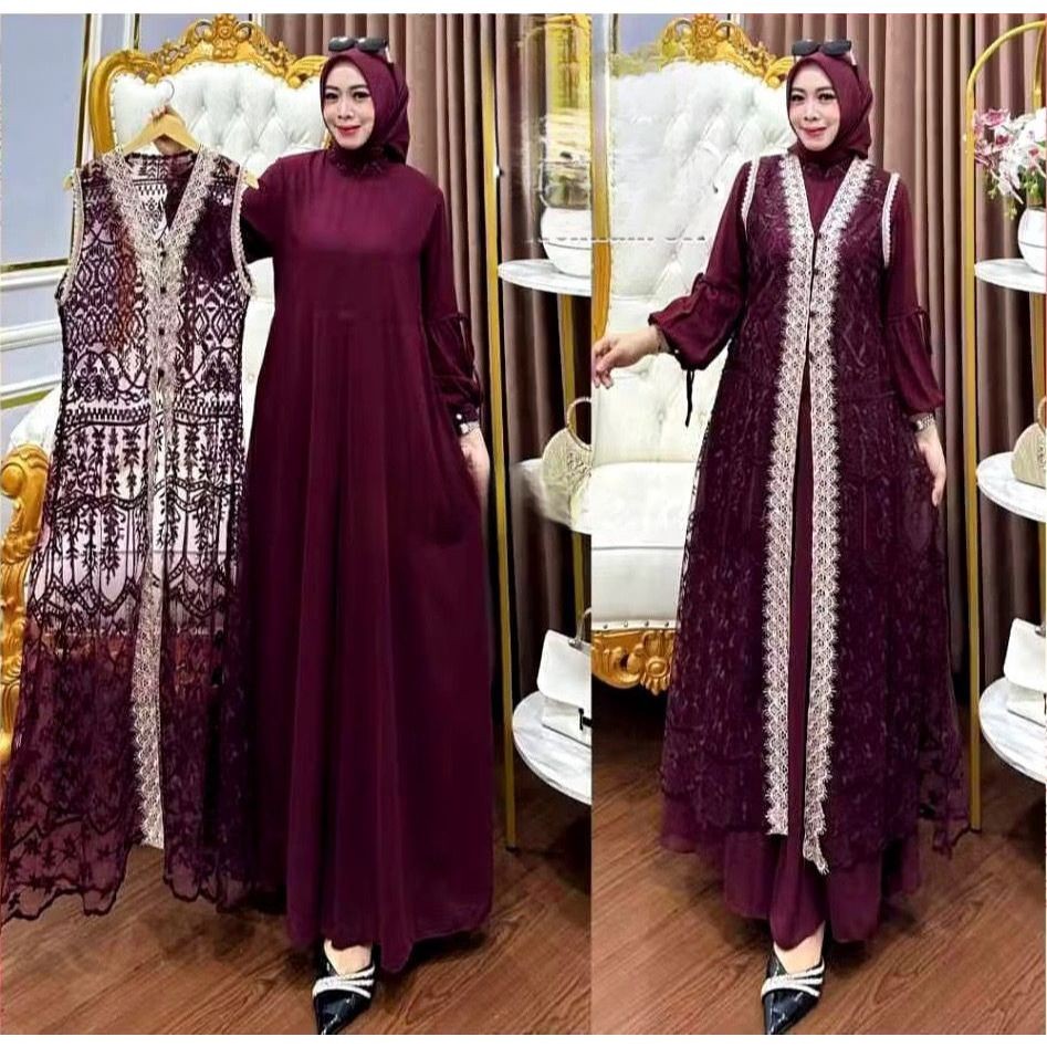 Promo Ramadhan COD Qinara Dress Set Outer Jumbo M L XL XXL XXXL XXXXL // Gamis Kondangan Brukat