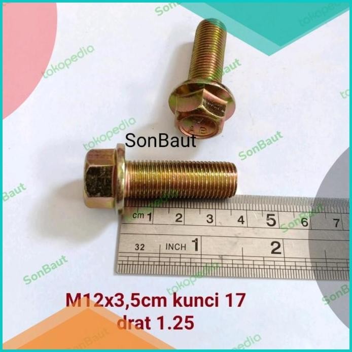 Baut Topi 17 3.5cm kunci 17 Flange bolt M12x35 12x35 drat halus 1.25 0