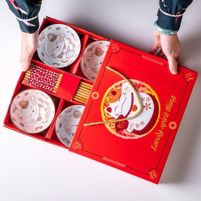 BR - Lucky Cat Bowl Mangkuk Kucing hoki Lucu Mangkok Keramik Japanese Bowl Set hampers Giftbox Set a