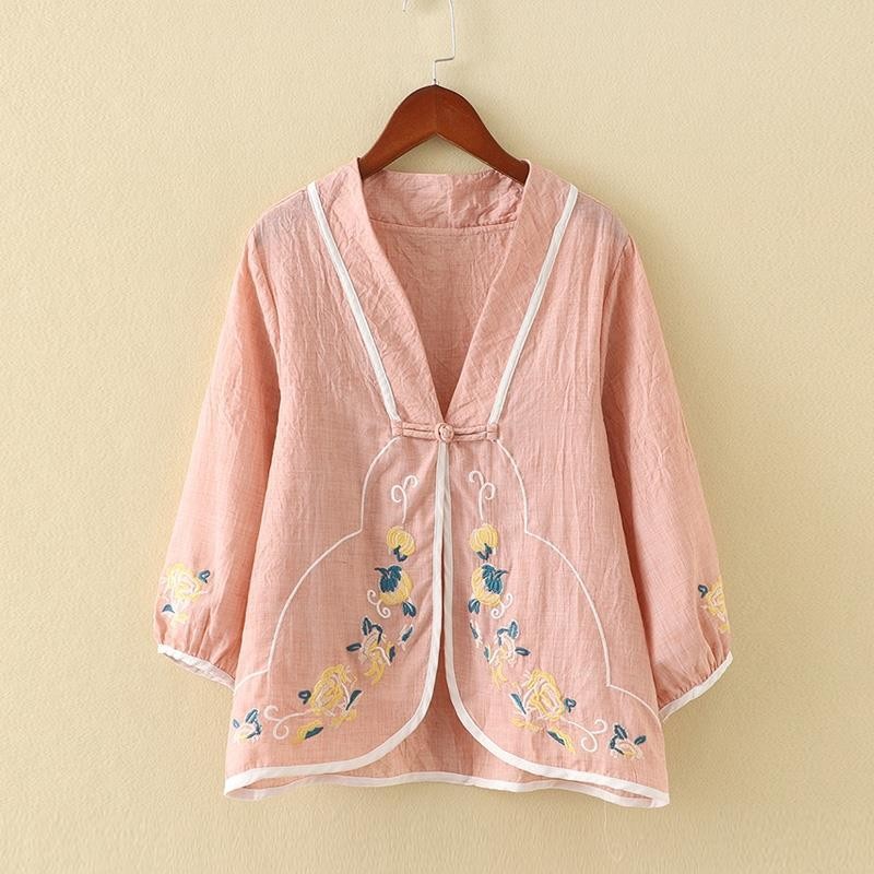 Chinese Style Cotton Linen Embroidered Chinese Knot Button Retro Thin Cardigan