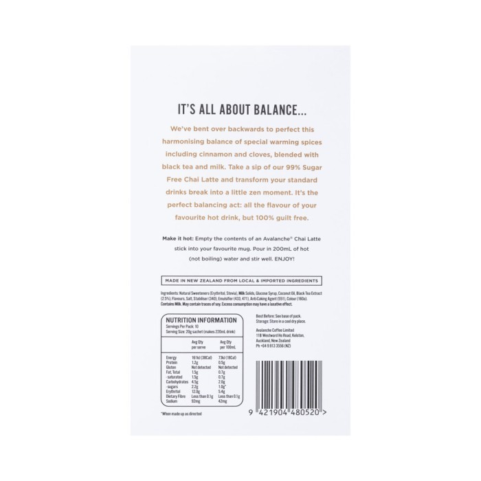 

Avalanche 99% Sugar Free Chai Latte 10 pack 200g Australia