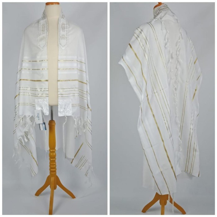 HOT SALE Selendang Doa WHITE-GOLD ACRYLIC Tallit Gadol by Israel (Kosher) M