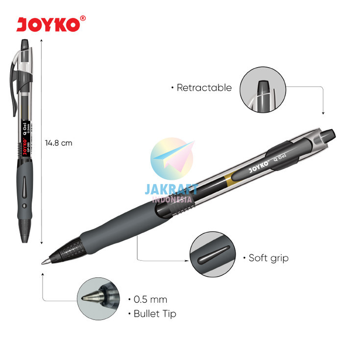 

Pulpen Gel Pen Klik Joyko Gp-265 Q Gel Hitam Black / Biru Blue / Merah Red Tebal 0.5 Mm Anti Macet