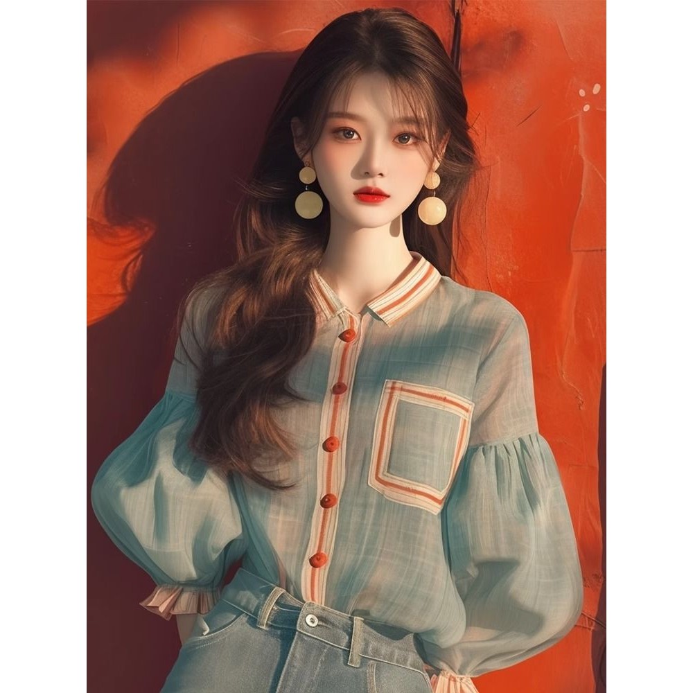 Kemeja Baru Atasan Wanita Lengan Uskup Hijau Mint Muda Gaya Korea