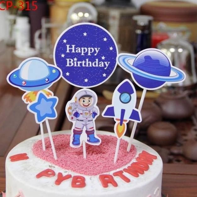 @@@@] cake topper happy birthday karakter astronot / rocket planet isi 6 set