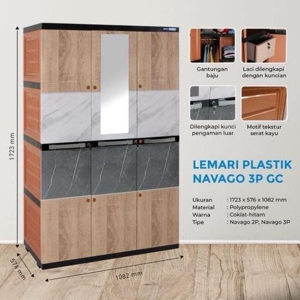 BESTPLAST - lemari plastik 3P (Full Rak / Hanger + KUNCI + KACA) | Lemari Plastik Bestplast 3 Pintu 