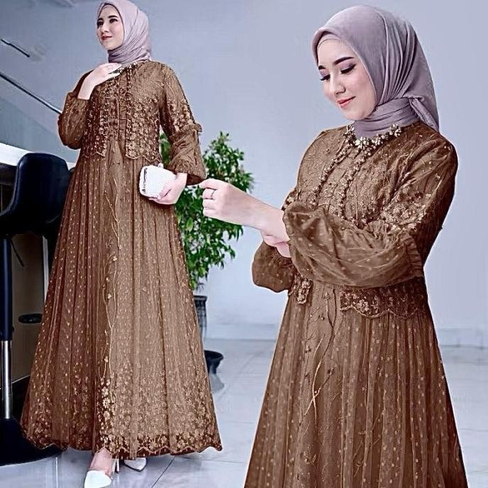 Gamis felika pesta dress brukat tile dot LD 90 100 110 120 130 jumbo hijau sage PS Terlaris