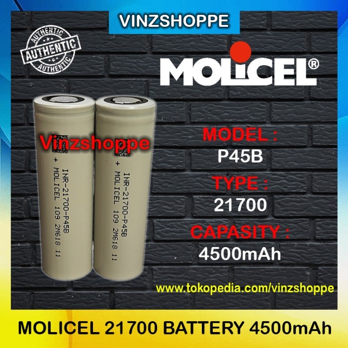 Authentic Battery Molicel 21700 P45B 4500Mah 45A - Baterai Original