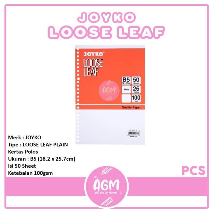 

LOOSE LEAF JOYKO FILE BINDER B5-100PL 50 LEMBAR PLAIN POLOS/ PER PACK