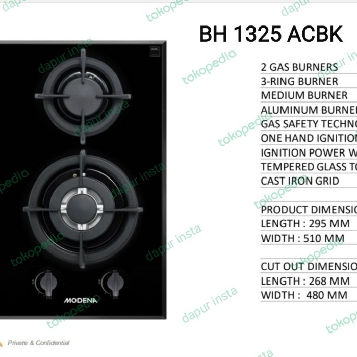 YANON MODENA KOMPOR GAS TANAM CRISTA BH 1325 - 2 TUNGKU - KACA HITAM