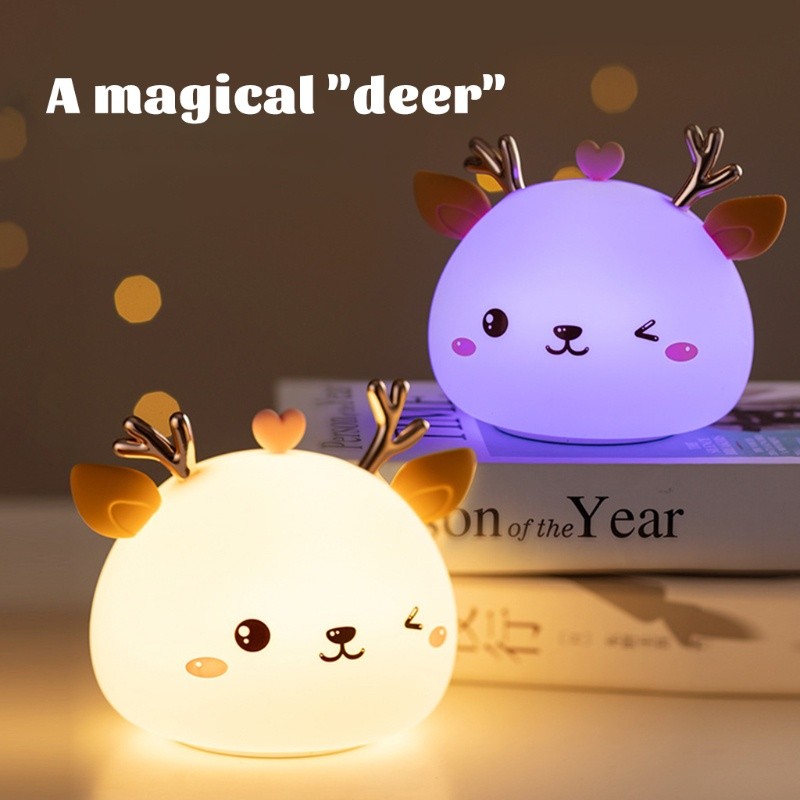 Lampu Malam LED Rusa Lucu Silikon Hewan Lucu Kucing Unicorn Kelinci Ketuk Sentuh USB Isi Ulang 7 War