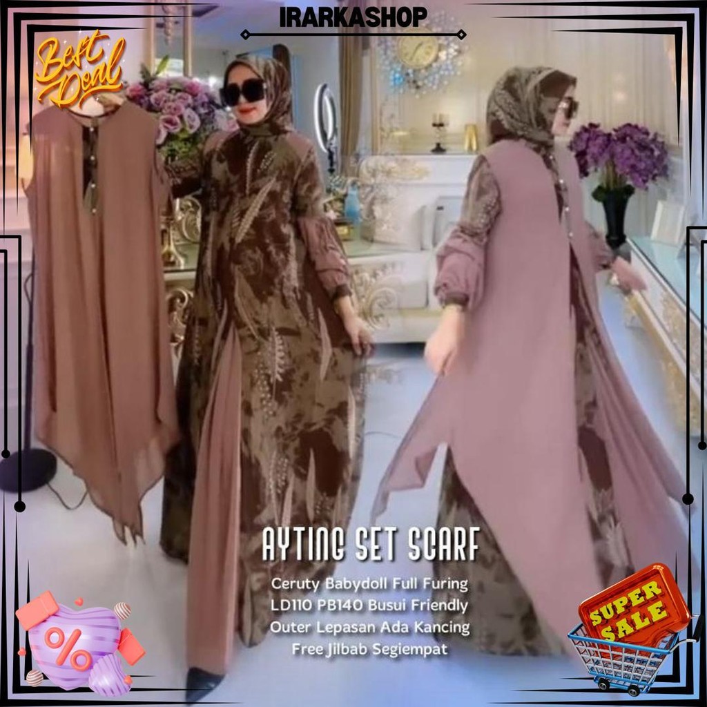 Ayting Set Scarf Ld110 & Ld120 (Label Savna) | Gamis Set Outer Ceruty Motif Viral Kekinian D Gratis 