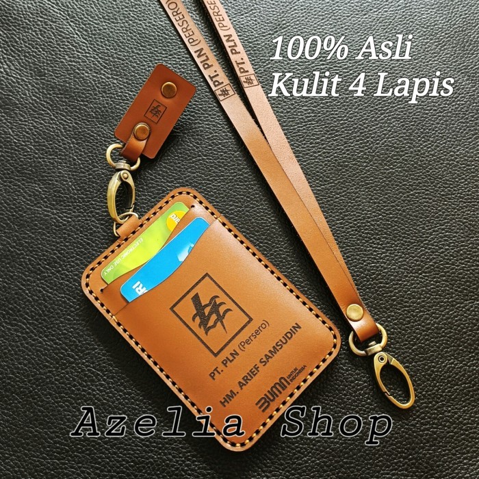 

name tag tali kulit PLN-id card holder-dompet kartu kulit asli-Custom
