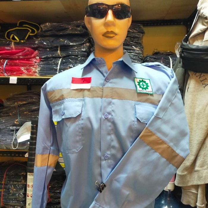 SERAGAM KERJA SAFETY LENGAN PANJANG BIRU TELUR ASIN + LOGO