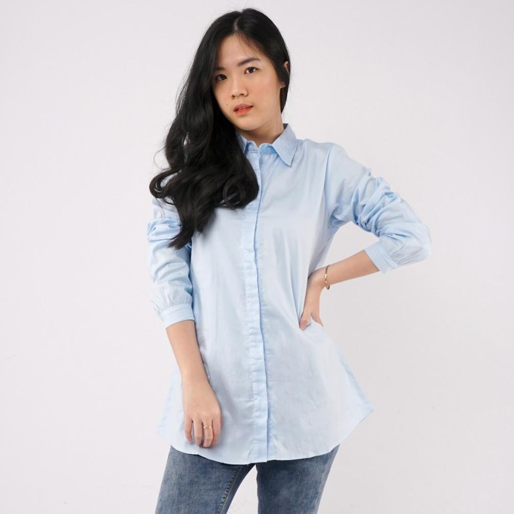 chr kemeja wanita polos lengan panjang slimfit - biru langit - aura alogue slimfit plain shirt