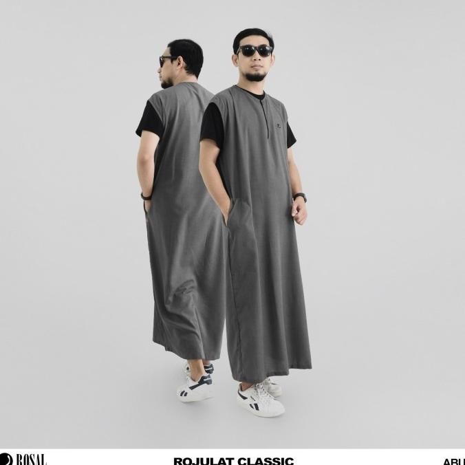 Terbaru | Rojulat Classic Rosal Abu-Abu Rompi Sholat Pria Panjang Seperti Baju Gamis Kerah Oblong Ba