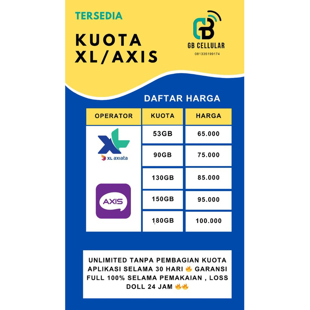 GB Cellular Kuota XL/Axis Harga Unlimited Tanpa pembagian Aplikasi Selama 30 hari