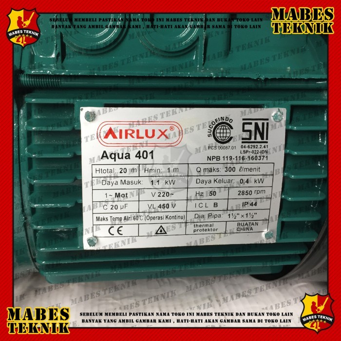 AIRLUX AQUA 401 / AQUA401 - POMPA AIR CENTRIFUGAL KEONG IRIGASI - 1,5"