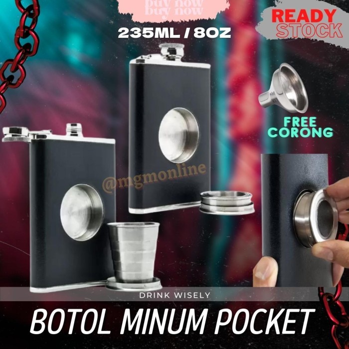 Botol pocket Stainless dengan glass 235ml Hip Flask 8oz liquor minuman